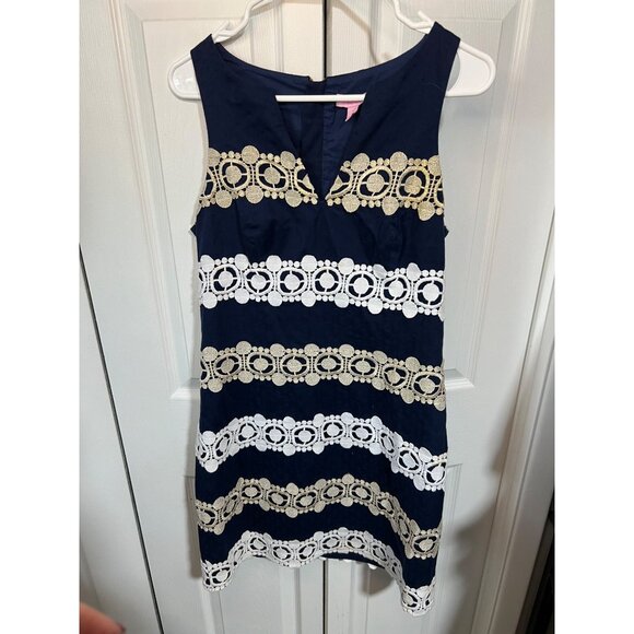 Lilly Pulitzer Navy & White Dress With Gold Embroidered Stripes Size 6 - Picture 1 of 13